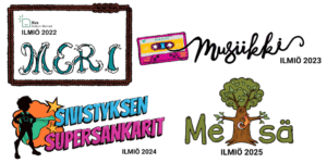 Kuvassa on eri vuosien ilmiötöiden kuvakkeita: Meri, Musiikki, Sivistyksen supersankarit, Metsä